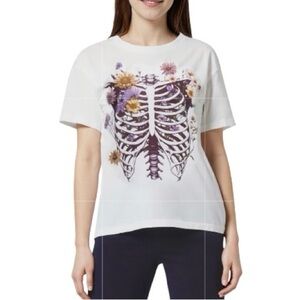 Wildfox Whimsical Floral Ryan Ribcage Skeleton Graphic Cotton Tee Shirt NWT L